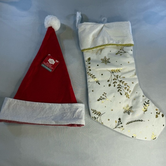 Cream and Gold Christmas Stocking with Complimentary Santa Hat, Adult - Picture 2 of 4